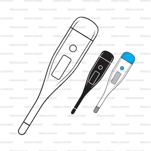 Op de afbeelding: Drie digitale thermometers, een zwart-wit, een blauw-wit en een zwart-wit met een rood display. De thermometers liggen allemaal plat op een witte achtergrond.