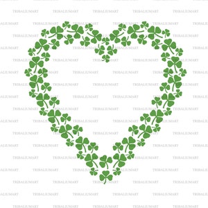 May include: A green shamrock heart shape made of multiple shamrock leaves. The shamrocks are arranged in a heart shape, with the leaves pointing outwards.