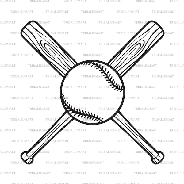Crossed baseball bats and ball. Cut files for Cricut. Clip Art silhouette (eps, svg, pdf, png, dxf, jpeg).