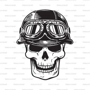 May include: A black and white illustration of a skull wearing a leather motorcycle helmet with goggles.