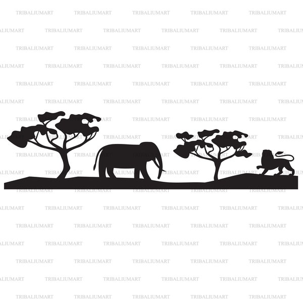 African Savannah landscape with animals silhouette (elephant and lion). Safari design. Cut files for Cricut (eps, svg, pdf, png, dxf, jpeg).