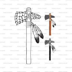 May include: A black and white illustration of a Native American tomahawk with feathers. The tomahawk is made of wood and has a stone head. The feathers are attached to the handle with string.