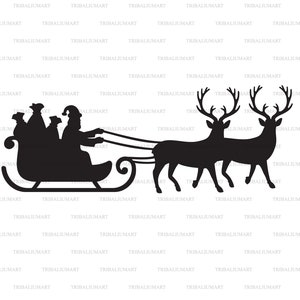 Santa Claus sur le traîneau et les rennes. Coupez les fichiers pour Cricut. Silhouettes Clip Art (eps, svg, pdf, png, dxf, jpeg).