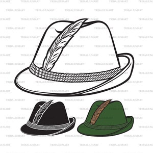 Chapéu de caça alemão com pena e corda. Corte arquivos para Cricut (eps, svg, pdf, png, dxf, jpeg). AVISO: este produto é uma imagem artística.