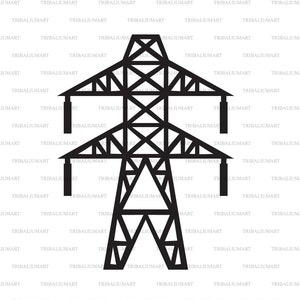 May include: Black and white illustration of a power line tower, a common sight in rural areas.