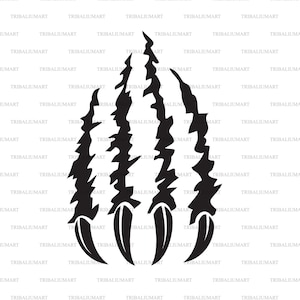 May include: Black and white illustration of a set of three sharp claws. The claws are stylized and have a jagged, tribal design.