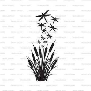 Dragonfly and reeds. Cut files for Cricut. Clip Art silhouettes (eps, svg, pdf, png, dxf, jpeg).