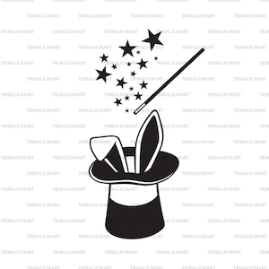 Sombrero Mágico, Varita y Conejo (Conejito). Cortar archivos para Cricut. Clip Art silueta (eps, svg, pdf, png, dxf, jpeg).
