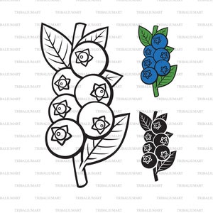 Myrtilles avec feuilles. Couper des fichiers pour Cricut. Silhouette Clip Art (eps, svg, pdf, png, dxf, jpeg).
