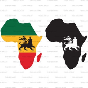 Mapa de Africa y el león de Judá (diseño de la bandera de Rastafari, fondo reggae). Eps, svg, pdf, png, dxf, jpeg. Cortar archivos para Cricut.