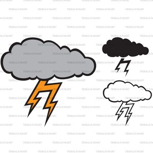 May include: A cartoon illustration of a gray storm cloud with a yellow lightning bolt. The cloud is outlined in black. There are two other clouds, one black and one white, with lightning bolts.