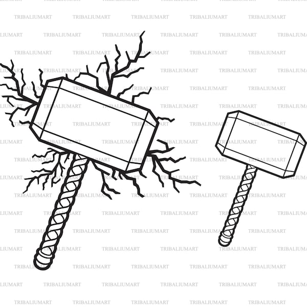 Hammer of Thor and lightning bolts. Cut files for Cricut. Clip Art silhouettes (eps, svg, pdf, png, dxf, jpeg).