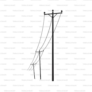 May include: A black and white illustration of two utility poles with power lines running between them.
