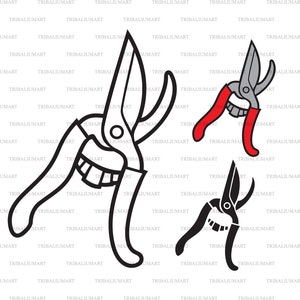 May include: Three pairs of pruning shears, one black, one red, and one silver. The black shears are closed, the red shears are open, and the silver shears are open.