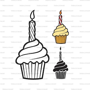 De cake van de verjaardag met kaars. Knip bestanden voor Cricut. Illustraties silhouetten (eps, svg, pdf, png, dxf, jpeg).
