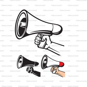 Hand haltend Megaphone (Bullhorn). Schnittdateien für Cricut. Clip Art (eps, svg, pdf, png, dxf, jpeg).