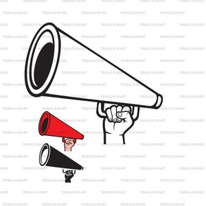 Hand haltende Retro Megaphon (Bullhorn im Vintage Stil). Ausgeschnittene Dateien für Cricut. Clip Art (eps, svg, pdf, png, dxf, jpeg).