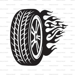 Raceband met vlam (Sport wheel, Tyre). Knip bestanden voor Cricut. Clip Art silhouet (eps, svg, pdf, png, dxf, jpeg).