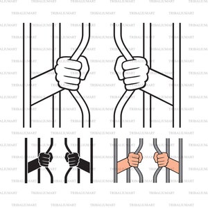 Puede incluir: Una ilustración en blanco y negro de dos manos que se extienden a través de los barrotes de una prisión. Las manos están cerradas en puños. Los barrotes son gruesos y negros. La ilustración se repite en tres variaciones de color diferentes: blanco y negro, negro y gris.
