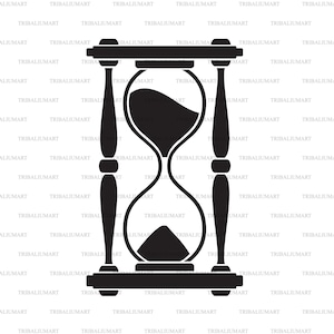 May include: A black hourglass with a wooden frame. The hourglass is filled with sand and is a symbol of time.