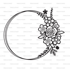 Floral frame wreath (monogram design). Flourish circle. Cut files for Cricut. Clip Art silhouette (eps, svg, pdf, png, dxf, jpeg).