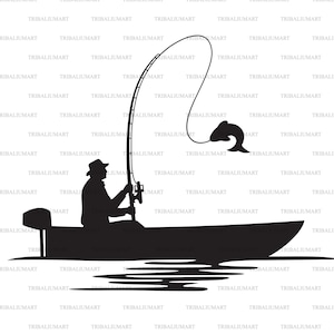 Fisherman caught a fish (Bass Boat silhouette, Gone Fishing). Cut files for Cricut. Clip Art (eps, svg, pdf, png, dxf, jpeg).