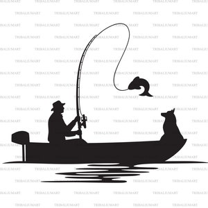 Fischer einen Fisch (Bass Boat Silhouette mit Hund, Gone Fishing). Dateien für Cricut ausschneiden. ClipArt (eps, svg, pdf, png, dxf, jpg).