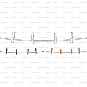 May include: Three different types of clotheslines with clothespins. The first clothesline is white with wooden clothespins. The second clothesline is black with black clothespins. The third clothesline is brown with brown clothespins.