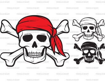 Pirate skull, red bandana and crossed bones (piracy symbol). Cut files for Cricut. Clip Art (eps, svg, pdf, png, dxf, jpeg).