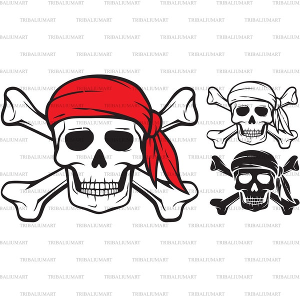 Pirate skull, red bandana and crossed bones (piracy symbol). Cut files for Cricut. Clip Art (eps, svg, pdf, png, dxf, jpeg).