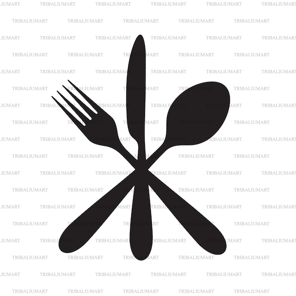 Crossed fork, knife and spoon. Cut files for Cricut. Clip Art silhouettes (eps, svg, pdf, png, dxf, jpeg).