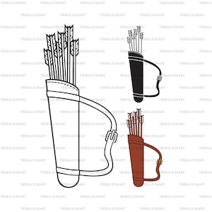 May include: Two leather quivers with straps and buckles, one black and one brown, each containing a bundle of arrows. The quivers are empty and ready to be filled with arrows.