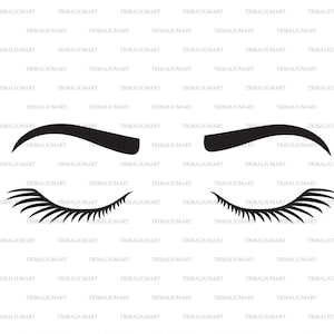 May include: A black and white illustration of a pair of eyes with eyelashes. The eyes are closed and the eyebrows are arched.