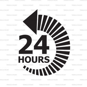 Op de afbeelding: Zwart-witte afbeelding van een klok met een cirkelvormige pijl die met de klok mee wijst. De klok is gemarkeerd met 24 uur. De tekst "24 UUR" staat onder de klok.