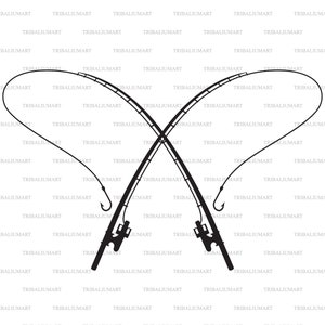 Crossed Fishing Rods (Pole and Hook). Cut files for Cricut. Clip Art silhouettes (eps, svg, pdf, png, dxf, jpeg).