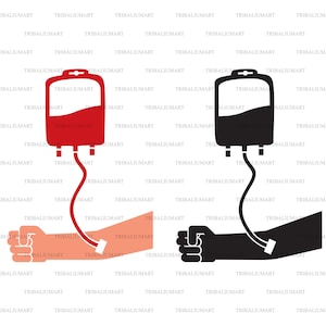 May include: Illustration of a blood transfusion. Two blood bags, one red and one black, are connected to a person's arm by tubes. The person's arm is shown in two colors, one red and one black, to represent the blood flow.