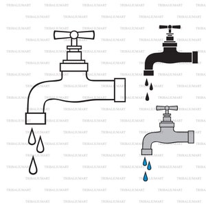 Könnte beinhalten: Zwei Illustrationen eines Wasserhahns mit einem Griff und einem Auslauf. Der obere Wasserhahn ist schwarz und der untere Wasserhahn ist grau. Beide Wasserhähne tropfen.