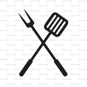 Grill design - barbecue. Crossed spatula and fork. Cut files for Cricut. Clip Art silhouettes (eps, svg, pdf, png, dxf, jpeg).