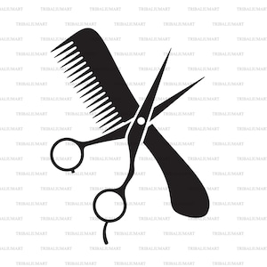 Puede incluir: Ilustración en blanco y negro de un par de tijeras y un peine, un símbolo común para un barbero o una peluquería.