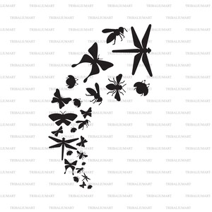 Fliegende Insekten (Drachenfliegen, Bienen, Schmetterlinge, Marienkäfer). Dateien für Cricut ausschneiden. ClipArt (eps, svg, pdf, png, dxf, jpg).
