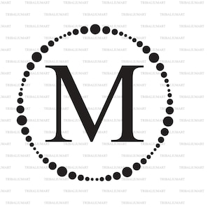 May include: Black and white graphic of the letter M surrounded by a circle of black dots.