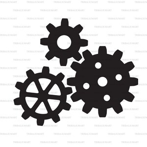 May include: Three black interlocking gears, each with a different number of teeth. The gears are set against a white background.