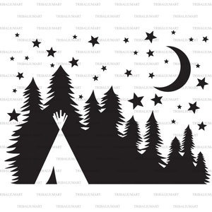Native American wigwam of tipi en sterrenhemel nacht. Bos, nachtmaan en sterren. Cut bestanden voor Cricut (eps, svg, pdf, png, dxf, jpeg).