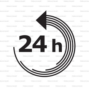 Op de afbeelding: Zwart-wit 24-uurs klokpictogram met een cirkelvormige pijl die tegen de klok in wijst. De pijl bestaat uit vijf concentrische cirkels.