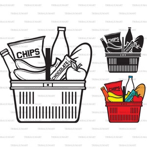 Essen und Trinken im Warenkorb. Dateien für Cricut ausschneiden. ClipArt Silhouetten (eps, svg, pdf, png, dxf, jpg).