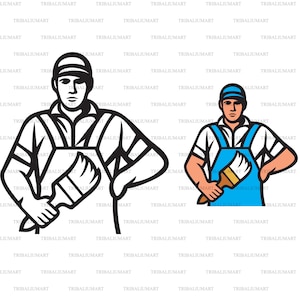 May include: Two illustrations of painters holding paintbrushes. One painter is wearing a white shirt and blue overalls, and the other is wearing a blue shirt and blue overalls.