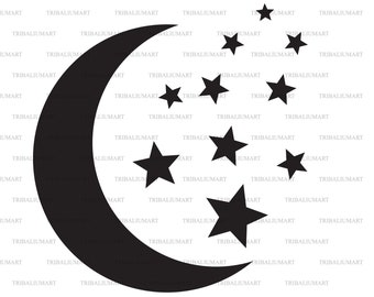 Night moon and stars (crescent). Cut files for Cricut. Clip Art silhouettes (eps, svg, pdf, png, dxf, jpeg).