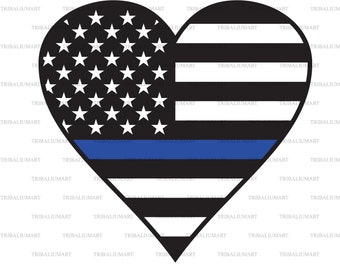 Thin Blue Line Flag Heart (Police Heart, Support Flag). Cut files for Cricut. Clip Art (eps, svg, pdf, png, dxf, jpeg).