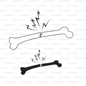 May include: A black and white illustration of a broken bone with lightning bolts around it. The bone is broken in two pieces.