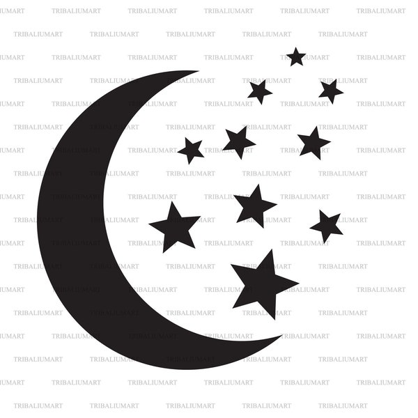 Night moon and stars (crescent). Cut files for Cricut. Clip Art silhouettes (eps, svg, pdf, png, dxf, jpeg).